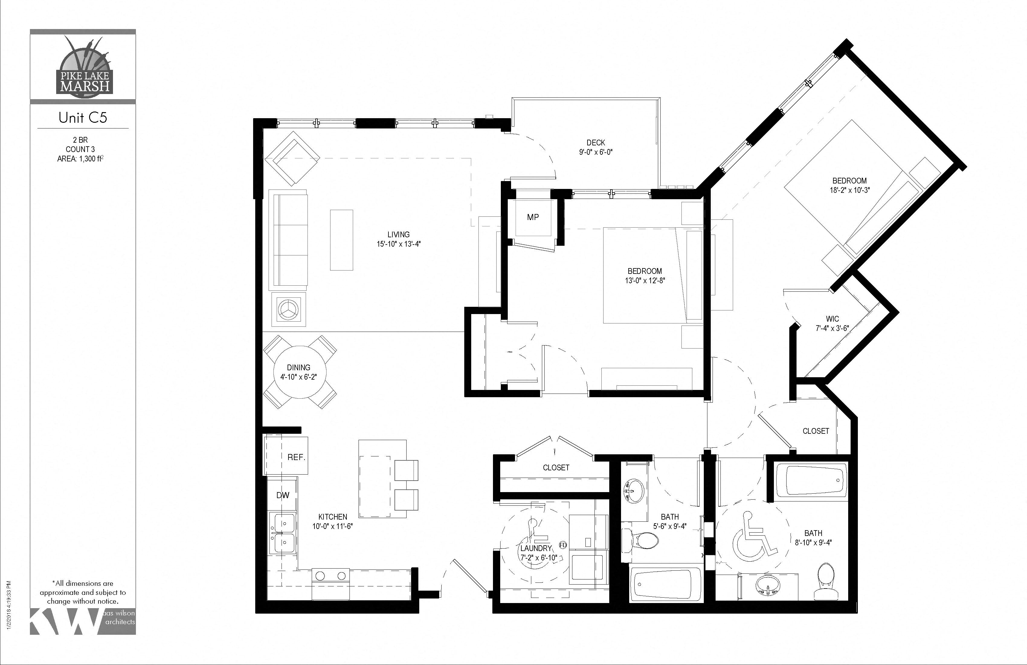 Floor plan for 2 beds, 2 baths, 1300 sqft